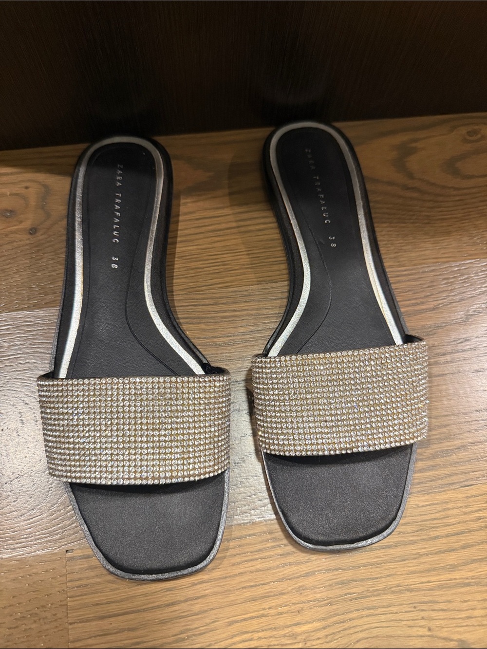Zara Black Slides with Silver Rhinestone Band